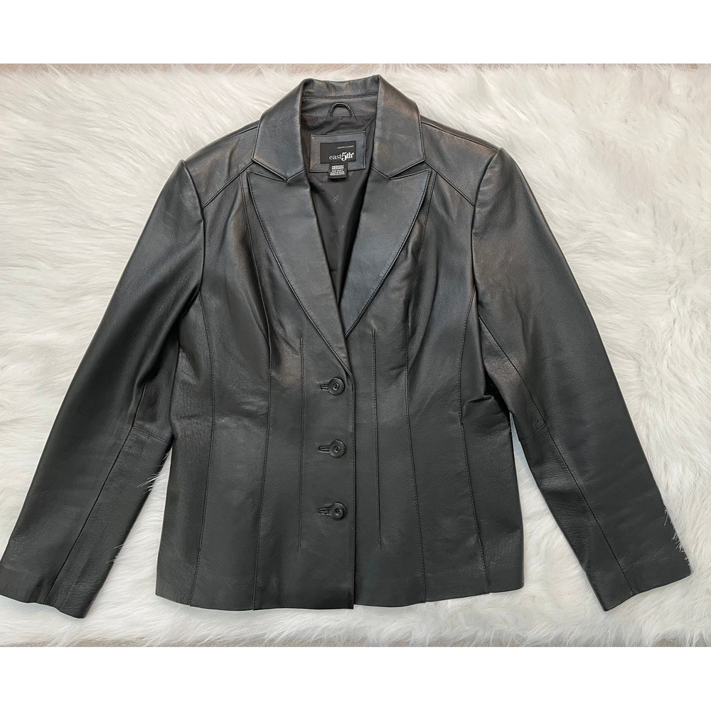 Vintage Y2K East‎ 5th Black Leather Button Up Womens Classic Jacket Size Medium